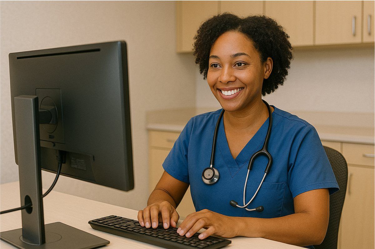 A smiling nurse with a stethoscope working calmly at a computer