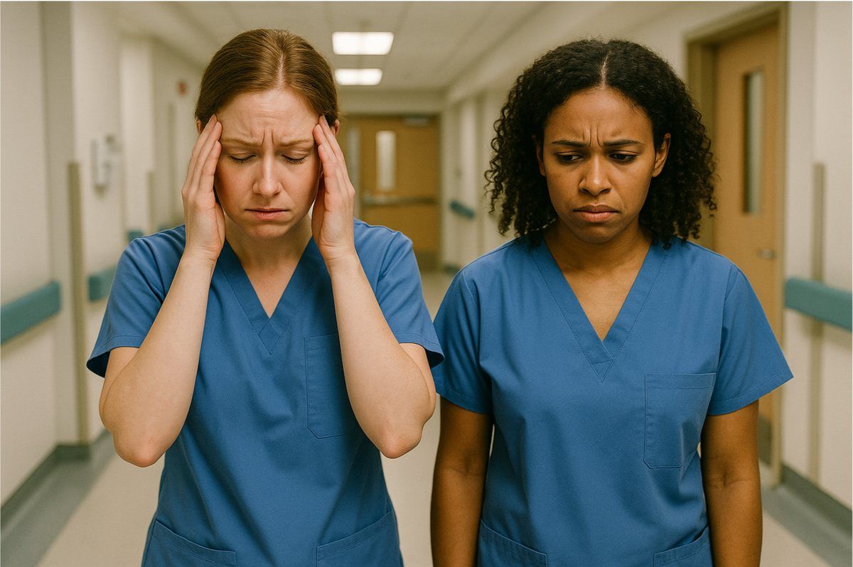 Two nurses in blue scrubs standing in a hospital hallway, one pressing her hands to her temples, both looking stressed