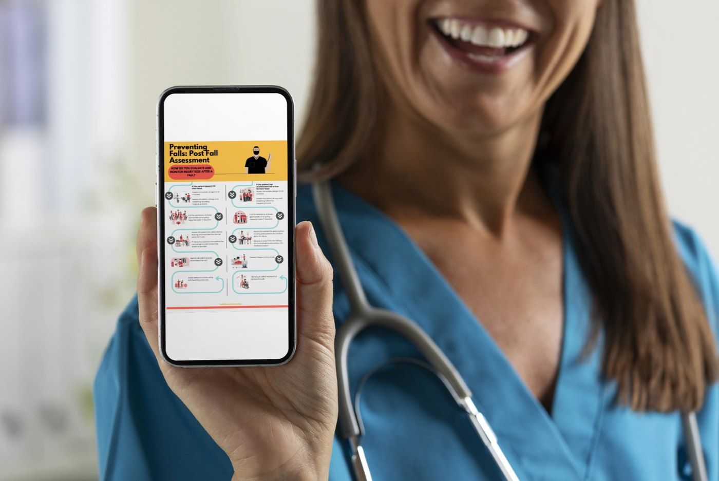 A nurse holding a phone that shows the Preventing Falls: Post Fall Assessment job aid
